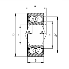 角接觸球軸承 30/8-B-2RSR-TVH, 雙列，雙側唇密封，接觸角 α = 25°